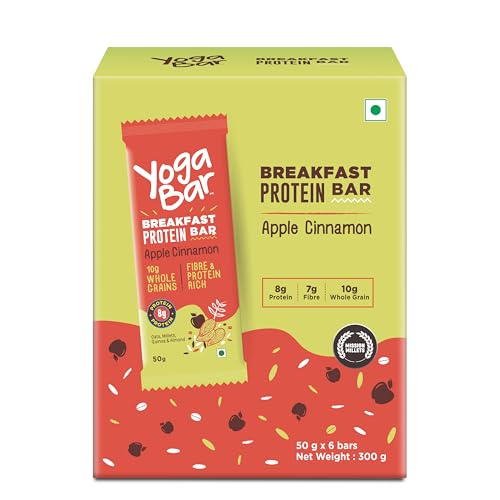 Image of Yogabar Breakfast Protein-Bar Apple Cinnamon - Pack of 6, Wholegrain Low Fat Snacks with Oats and Millets, High in Protein (8g) and Fibre, Gluten Free Granola Bar with Chia and Flax Seeds
