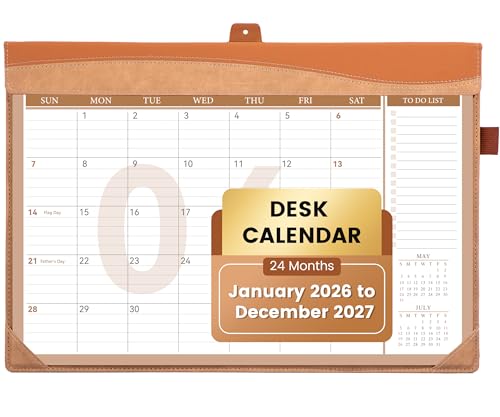 Yoment Desk Calendar 2026, Jan 2026-Dec 2027, 2026 Desk Calendar Large 17 x 12, 2026 Calendar with Plastic Cover, Pockets, to-Do Lists, Desktop Wall Calendar 2026-2027 for Office School Home, Brown
