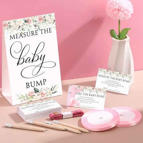 Fumete 65 Pcs Baby Shower Game Set Include Flowers Measure The Baby Bump Sign 50 Guessing Cards 10 Pencils 2 Pink Measuring Tapes and 2 Pink Ribbon for Gender Reveal Party Game