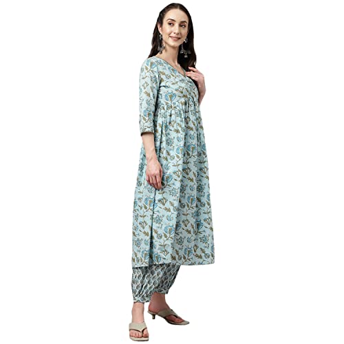 Image of FIORRA Women's Light Blue Pure Cotton Flared Kurta with Pant