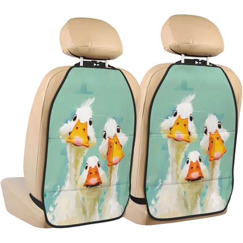 Cute Three White Ducks Car Seat Back Kick Protectors,2 Pack Kick Mats With Storage Pockets For Vehicles To Protect From Dirt Mud Scratches
