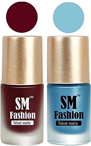 Image of Nail Polishes, Maroon-Sky Blue Velvet Matte Nail Paint Combo Set of 2 Pcs 7ml each