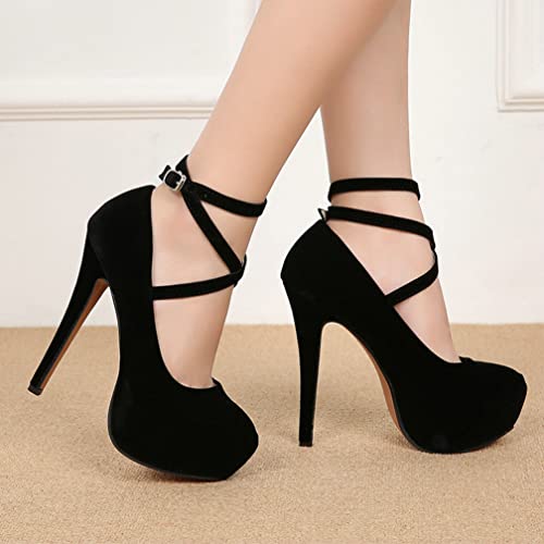 KISSASA Womens High Heel Stiletto Round Toe Ankle Strap Pumps Faux Suede Mary Jane Platform Heels2