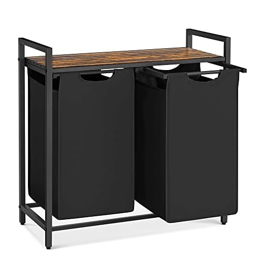 VASAGLE Laundry Hamper, Laundry Basket, Laundry Sorter with 2 Pull-Out and Removable Bags, Shelf, Metal Frame, 2 x 12.1 Gallons (46 L), 28.8 x 13 x 28.4 Inches, Ink Black and Rustic Brown UBLH201B01