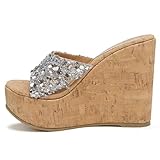 Design Style : Sandales compensées mule tendance avec plateforme épaisse en liège et large bande pailletée. Le design à bout ouvert et à talon arrière donne un look moderne et chic, idéal pour des vacances, des festivals ou des soirées.