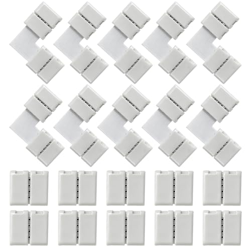 20 Pièces Kit Connecteurs Ruban LED 4 Broches 10mm RGB 5050 Raccord Bande LED Sans Soudure (10x L-Forme 10x Droit) Extension Câble Lumière pour Décoration...