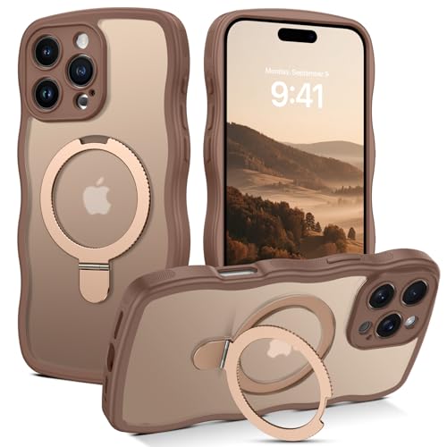 VENINGO Magnetic Case for iPhone 16 Pro with Ring Stand [Fit for MagSafe] Curly Wave Frame Phone Case Translucent Matte Case for iPhone 16 Pro Desert Titanium