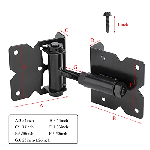 Dreamxiang Self Closing Gate Hinges Adjustable Heavy Duty Hardware 90 Degree Gate Hinges Kit For Wood/Vinyl/Metal/Outdoor Fence, With Self-Tapping Screws And Swing Adjuster Tool, 2-Pack, Black Finish #TOP4