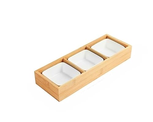 お皿 小皿セット和風 小皿 竹トレイ 陶器 前菜皿 盛り鉢 深型 仕切り付き 天然木 醤油皿 前菜皿 盛り鉢 和食器 セラミック アイスクリーム ソース皿 火鍋 焼肉屋 寿司屋 食洗機 (三格竹の箱+三枚の白い皿,イエロー)