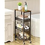 Utility Slim Storage Cart, 4-Tier Narrow Bathroom Organizer and Storage Cart, Metal Narrow Kitchen Laundry Room Organization Rack with Wood Top, Slim Rolling Shelf with Wheels for Small Space