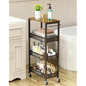 Utility Slim Storage Cart, 4-Tier Narrow Bathroom Organizer and Storage Cart, Metal Narrow Kitchen Laundry Room Organization Rack with Wood Top, Slim Rolling Shelf with Wheels for Small Space