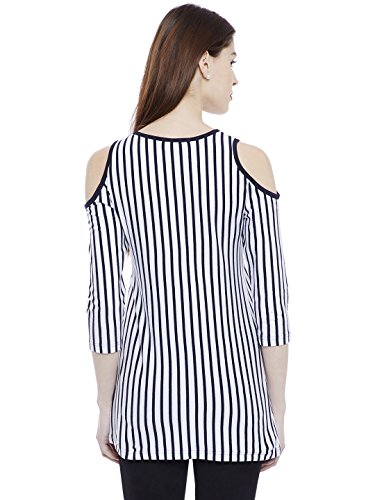 HYPERNATION White and Blue Stripe Overlap Cotton Cold Shoulder Top for Women(HYPW02042) - Image 4