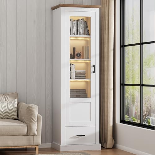 MSMOK Vitrina moderna LED blanco mate 178 cm con puerto USB, 5 compartimentos, mando a distancia en 16 colores, vitrina con decoración de madera, armario alto con cajón