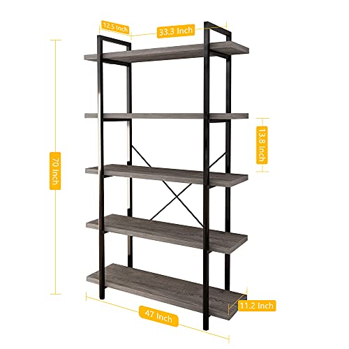 45Minst 5-Tier Vintage Industrial Style Bookcase/Metal And Wood Bookshelf Furniture For Collection, Gray Oak,3/4/5 Tier (5-Tier) #TOP3