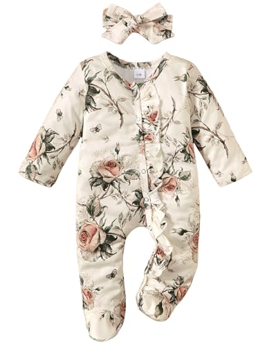 Yvowming Newborn Baby Girl Clothes Ruffle Jumpsuit Romper Infant Coming Home Outfit for Baby Girl