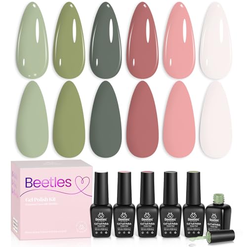 Image of Beetles Summer Gel Polish Set - 6 Colors Sage Olive Green Pink White Gel Polish Set Tranquil Grace Collection UV Nails Manicure Art Design