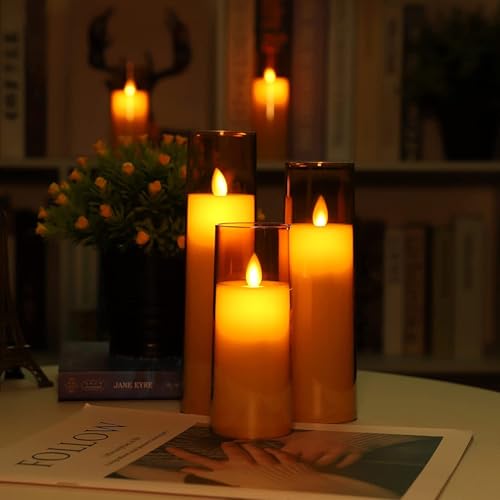 Image of LTETTES Acrylic Fiber Glass LED Pillar Candle Set of 3 | Flameless with Flickering Wick | 2 AA Battery Powered with Remote | Perfect for Home Decor & Gifting | H 5.5'', 6.5'', 7.5'' D 2.3'' | Gold