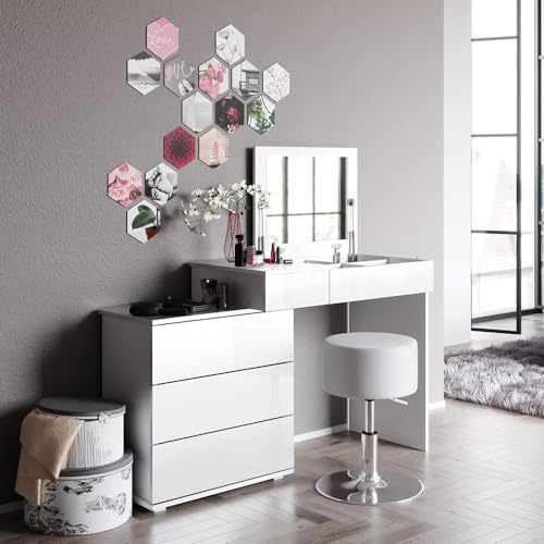 Vicco Schminktisch Weiß Lotos 117.4x78x45 cm - Frisiertisch, Platzsparend – Spiegel bei Nichtgebrauch einfach einklappen