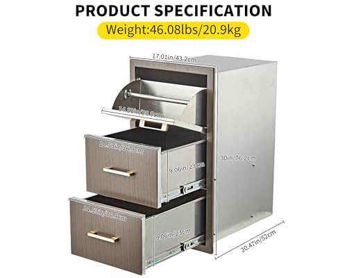 PeacefulHues Outdoor Kitchen Drawers 17" W x 30" H x 21" D, Flush Mount Triple BBQ Drawers with Stainless Steel Handle, Paper Towel Holder Combo for BBQ Island, Patio Grill Station by PeacefulHues - Image 3