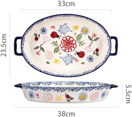 Vintage Style Flower and Butterfly Ladybug Pattern Bakeware Ceramic Casserole Dish Baking Pan Lasagna Pans Baking Dish with Handles for Oven to Table-1 PCS-A-Oval-Large - Thumbnail 3