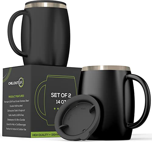 CHILLOUT LIFE Stainless Steel Insulated Coffee Mugs Set of 2 (14 oz) - Double Wall Coffee Cups With Spill Resistant Lid & Strong Handle, Shatterproof Cups for Cold Drinks, Hot Beverages