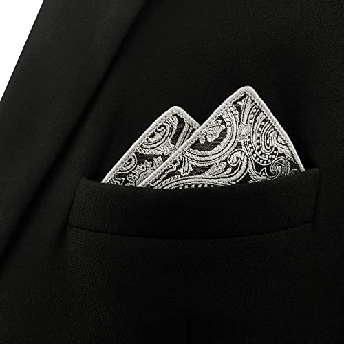Shlax&Wing Pocket Square For Men Silver Black Paisley Silk Hanky #TOP4