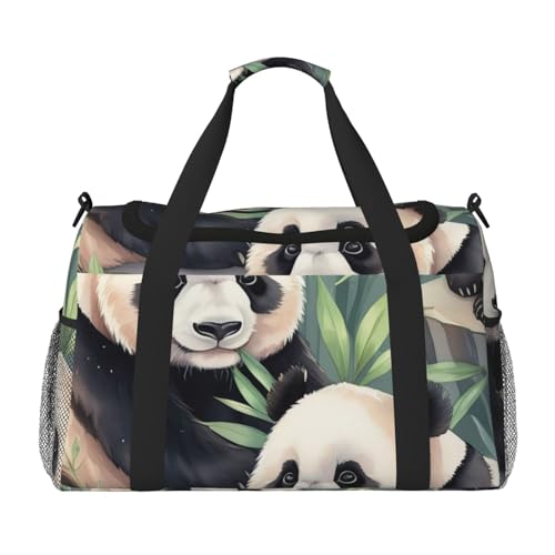 Cute Pandas Print Travel Duffle Bag - Foldable Personal Item Travel Bag for Women & Men,Carry-On Convertible Crossbody Tote Bags with Adjustable Shoulder Strap & Pockets 13x10.2x19.7 in