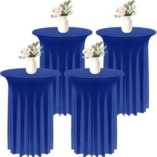 Kochorie 4 Pieces Cocktail Table Skirt Round Cocktail Table Covers 32 x 43 Inch Spandex Stretch High Top Table Cloth for Graduation Wedding Table Bar Banquet Party Supplies (Navy Blue)