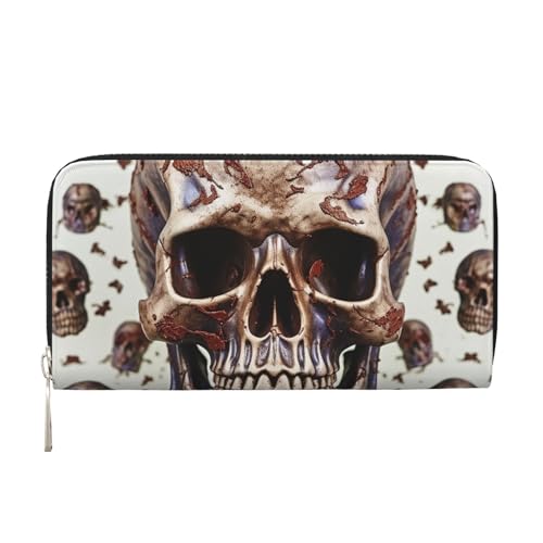 Portefeuille pour femme tête de mort en cuir synthétique blanc avec fermeture éclair