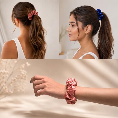 Image of Satin Silk Scrunchies Set of 3 for Women & Girls | Soft Elastic Hair Ties | Anti-Hair Breakage Small Scrunchie Bands | Random Colours | Daily Wear Hair Accessories Gift Set