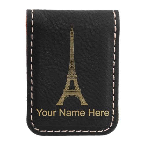 LaserGram Slim Magnetic Money Clip, Eiffel Tower, Personalized Engraving Included (Black with Gold)