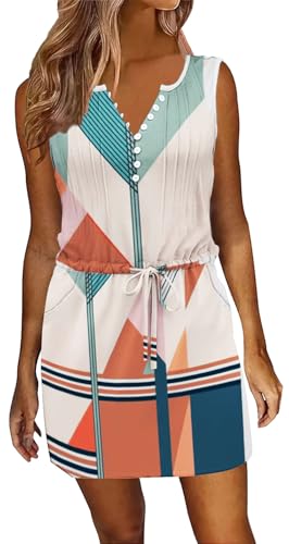 Image of Womens Summer Casual Dresses Drawstring Waist Short Dress with Pockets | Sleeveless Casual Dress,ETCYY Vacation Beach Dress,Striped Sundress,Boho Floral,Mini Dresses,Sexy Sundress,Resort Wear