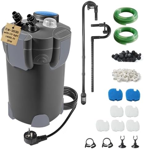 EXLECO Filtro Externo Acuario con Lámpara UVC 1400L/H 35W Filtro Pecera Flujo Ajustable con Material Filtrante y Manguera Acuario Tubo, Bomba de Filtrar Aquário para Pecera de Menos de 300L Negro