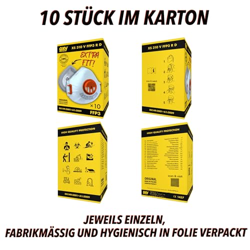 Oxyline XS 310 V FFP3 R D Wiederverwendbare Halbmaske Staubmaske Atemschutzmaske Schutzmaske mit Ventil, EXTRA FIT 10 Stk
