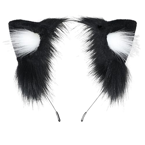 ZFKJERS Handmade Furry Cat Ear Headband Cute Kitten Cosplay Hair Accessory for Halloween (White Black)