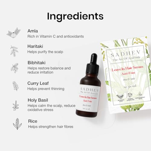 Image of Sadhev Ayurvedic Leave-In Hair Serum - Anti-Frizz Formula with Rice Water & Amla | Smooths & Controls Frizz for Dry, Damaged Hair | Lightweight | For Women & Men | 30ml