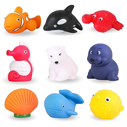 Image of XY-WQ Bath Toys None Hole, for Infants 6-12& Toddlers 1-3, None Hole Bathtub Toys (Sea Animals, 9 Pcs with Mesh Bag)