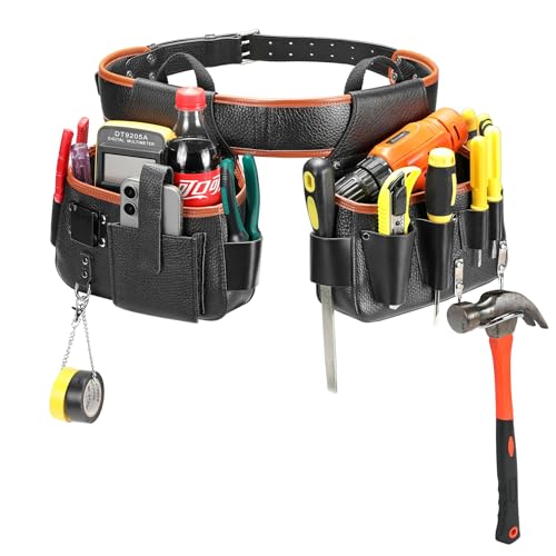 quipuda Werkzeuggürtel Echtes Leder Werkzeug Gürteltasche Werkzeugtasche mit Hammerhalter für Tischler Gärtner Rahmenbauer Dachdecker Handwerker Elektriker