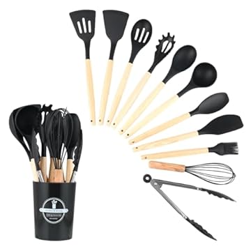 Wenrescry Set di Utensili da Cucina in Silicone Resistente al Calore, Antiaderente, Lavabile in Lavastoviglie, Ergonomico, con Porta Utensili per Alimenti - 12 Pezzi per Cucina Pratica