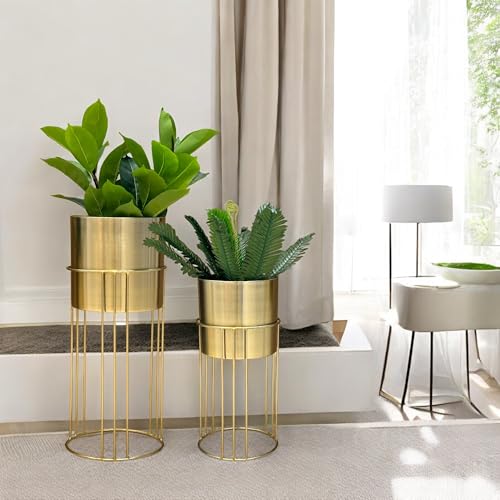 Image of Decorative Gold Metal Planters with Stand for Living Room | 24 inch & 19 inch (Height) x 10 inch & 9 inch (Diameter) | Modern Indoor Planters and Flower Pots Set of 2 (Gold)