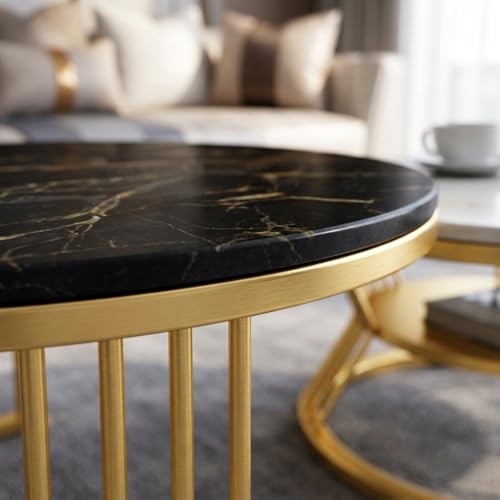Image of Coffee Table, 20 inch Round Coffee Table Set of 2, Wooden Nesting Table with Metal Frame, Center Tables for Living Room Bedroom Balcony Bedside Table Black