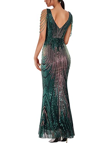 Image of Women 1920s Plus Size Formal Dress Tassels Sleeve Sequins Gatsby Maxi Evening Gown