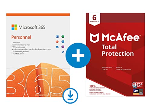 Microsoft 365 Personnel | Office 365 apps | PC/Mac/Tablet and Phone | 12+3 Mois + McAfee 2022 Total Protection | 6 appareils | 1 An | PC/Mac/Smartphones - Code d'activation - envoi par email