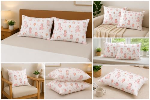 Image of Microfiber Pillow Cover 17x27 Inch (Pack of 2) | Soft & Durable | Ideal for Bed & Sofa Pink Unicorn