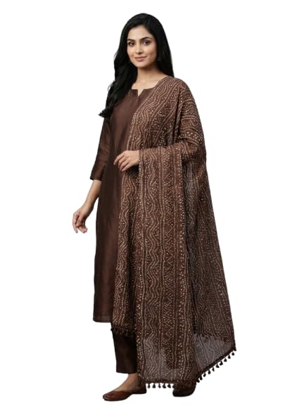 Silver Bandhani Print Dupatta, Brown, Pom Pom Border-picture-45