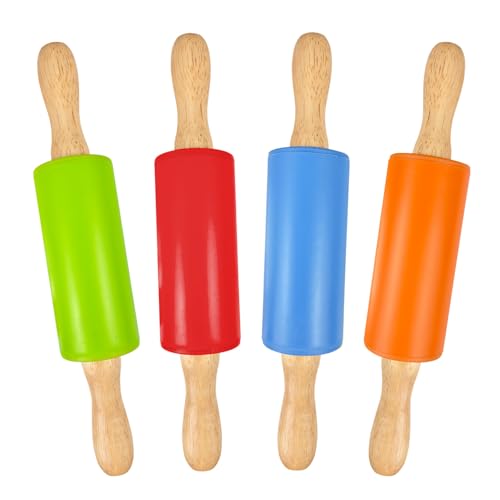 Rouleau à Patisserie en Silicone, 4 Pièces Rouleau Patisserie avec Poignées en Bois, Rouleau a Patisserie, Rouleau en Silicone pour Cuisson Biscuits,...