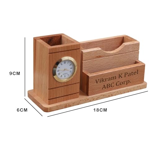 Image of Deskart Customized Multipurpose Pen Holder Stand | Premium Wooden Desk Organizer with Clock, Business Visiting Card and Mobile Holder