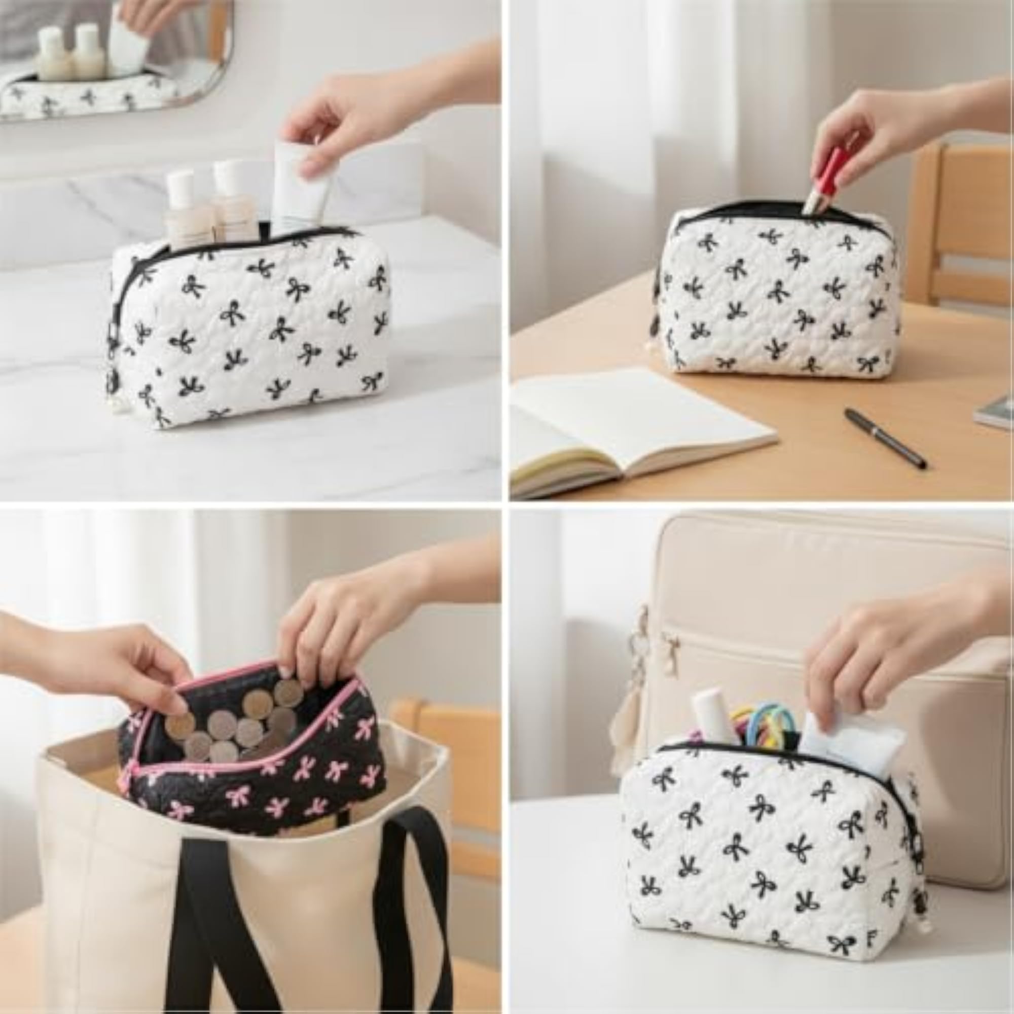 Cute Bow Makeup Bag Set with Large Capacity, Crossbody & Handbag Styles