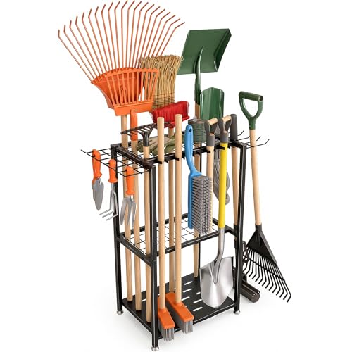 Faesun Garden Tool Organizer 3-Tier Metal Yard Tool Rack with 14 Hooks & 5 Slots Holds 50+ Rakes/Shovels/Brooms Heavy Duty Freestanding Lawn Tool Storage for Garage Shed Outdoor Organization