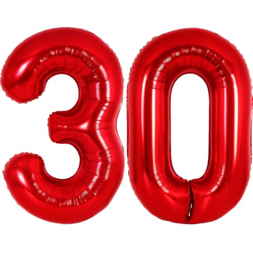 Image of Number Balloons Red Party Balloon - 40 Inch Large Number 30 Balloon, Numbers Balloon Birthday Decorations, Red Party Supplies for Anniversary